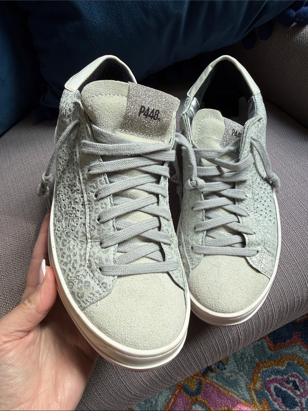 P448 Women's Light Gray Suede Leopard Sneakers size 38